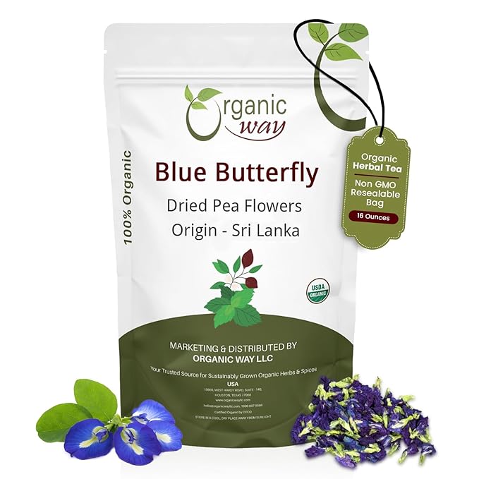 Organic Way Dried Blue Butterfly Pea Flowers (Whole) Herbal Tea | Organic Vegan Non GMO &amp Gluten Free | USDA Certified | 100% Raw from Sri Lanka 16 Oz (Pack of 1)