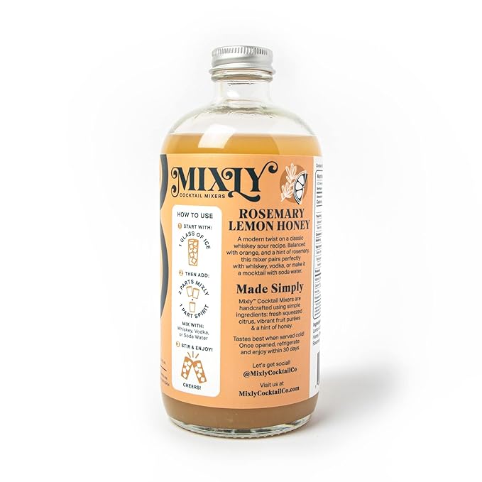 Mixly Rosemary Lemon Honey Mixer Made with Fresh Squeezed Juice Ready to Drink Use with Whiskey Vodka Soda Water 16 oz. Whiskey Sour Hot Toddy Mixer.