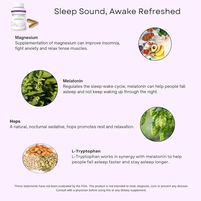 4GreatSleep Natural Sleep Aid with Melatonin GABA Ashwagandha &amp L-Tryptophan – Fall Asleep Faster Stay Asleep Longer – Non-Habit Forming Sleep Support for Adults – 60 Capsules