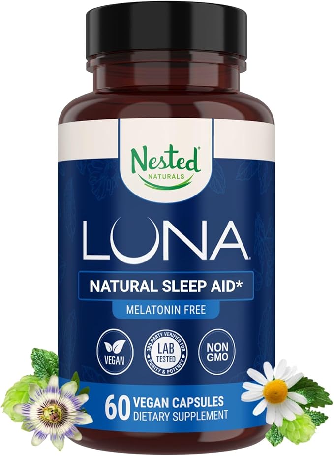 Nested Naturals Luna Sleep Supplement Melatonin Free Non-Habit Forming Herbal Sleep Supplement Adult Bedtime Support Help Sleeping w/Chamomile Valerian L-Theanine 60 Vegan Capsules