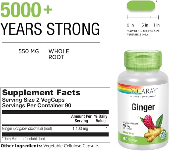 SOLARAY Ginger Root Capsules for Men &amp Women - Ginger Supplement for Digestive Health Support 1100 mg per Serving Motion &amp Stomach Discomfort Support Vegan Herb Sun Grown Whole Root- 180