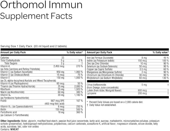 Orthomol Immun Immune Support Supplement Daily Immune System Booster Vitamins A B C D E Zinc Selenium &amp Iodine 7-Day Supply of Tablets &amp Drinkable Vials