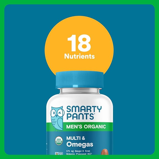 SmartyPants Multivitamin for Men Organic Gummies: Methylfolate Omega 3 (ALA) Vitamin D3 C Vitamin B12 B6 A K &amp Zinc for Immune Support Biotin Vegetarian 120 Gummies (30 Day Supply)