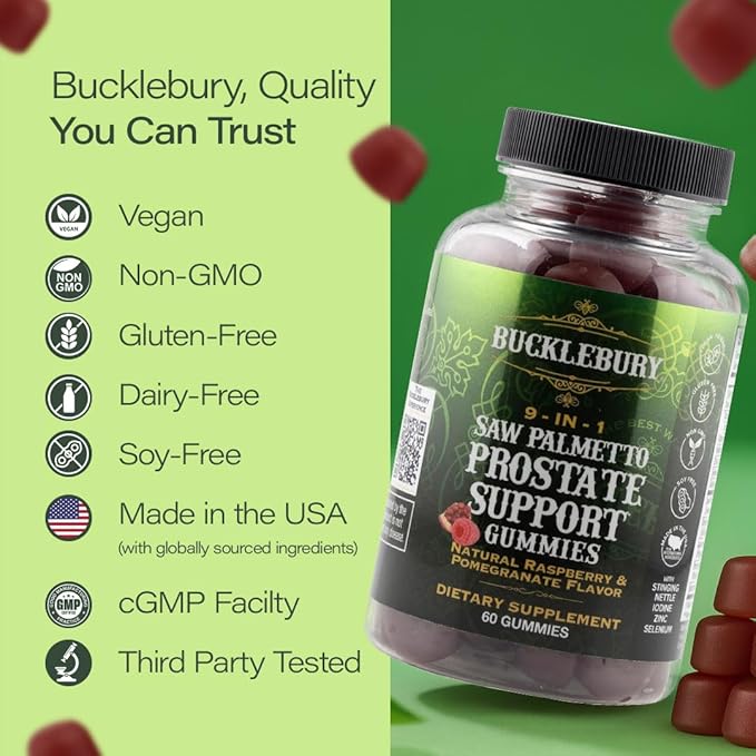 BUCKLEBURY 9-in-1 Natural Saw Palmetto Gummies with Raspberry &amp Pomegranate Flavor - Plant-Based Prostate Support Supplements for Mens Bladder Health Hair Growth &amp Urinary Support - 60 Gummie