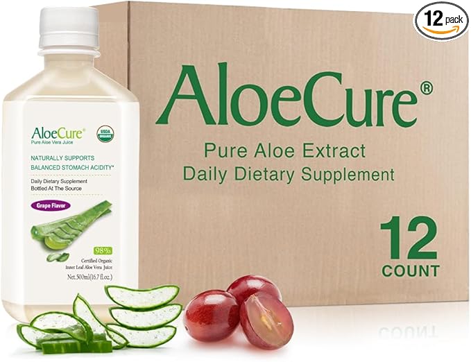 AloeCure USDA Organic Aloe Vera Juice Grape Flavor Made Within 12 Hours of Harvest - Pure Aloe Vera Digestive &amp Immune Health Supplement Helps Maintain Balanced Stomach Acidity 16.7oz x 12 Btls