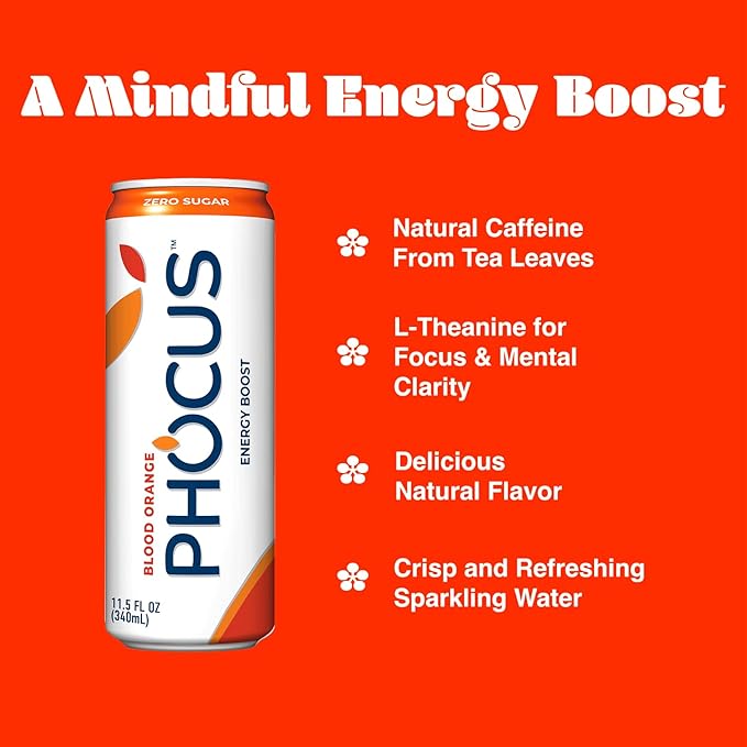 Phocus Energy Boost Blood Orange &amp Strawberry Kiwi Bundle | 11.5 Fl oz (Pack of 24) | No Sugar | 75mg Caffeine + L-Theanine | 0 Calories