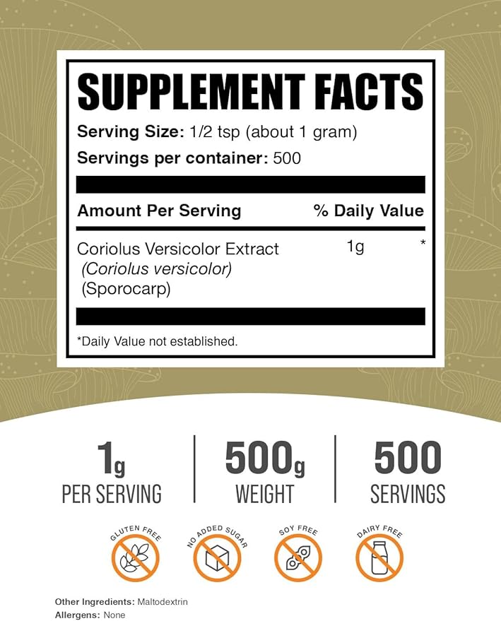 BulkSupplements.com Turkey Tail Mushroom Extract Powder - Coriolus Versicolor Extract Mushroom Supplement - Vegan &amp Gluten Free 1g per Serving 500g (1.1 lbs) (Pack of 1)