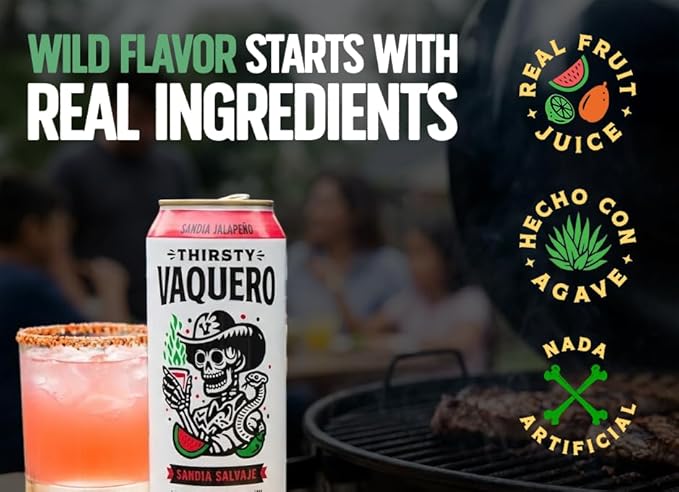 Thirsty Vaquero Watermelon Jalapeño Flavored soda (Sandia Salvaje) Mexican-inspired soda Real Fruit Juice &amp Savory Spices Made with Organic Agave Low Calorie Natural Juice 16 oz Cans 12-Pa