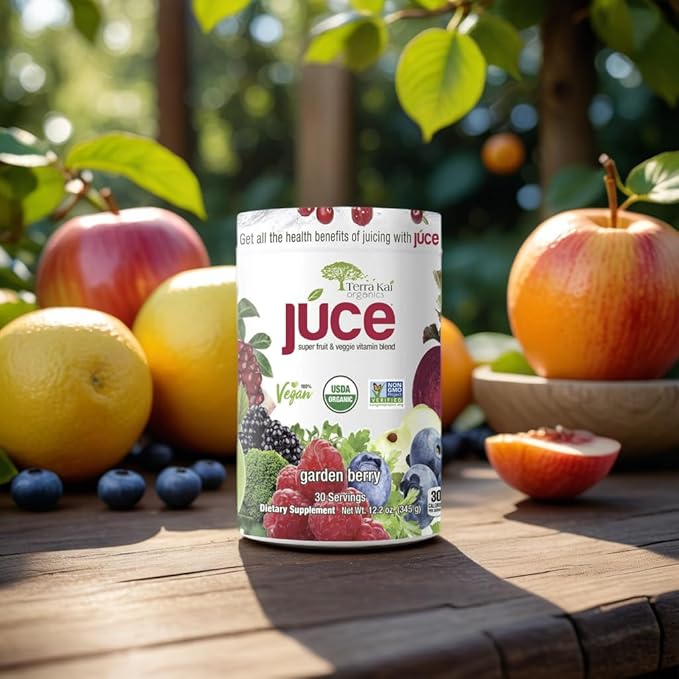 Terra-Kai Organics Juce Super Fruit and Veggie Blend Drink 12.2-Ounce Garden Berry 30 Servings Greens Powder Juce Green Juice Powder Super Food Greens Drink Juce Terra Kai (Pack 4) bundle with
