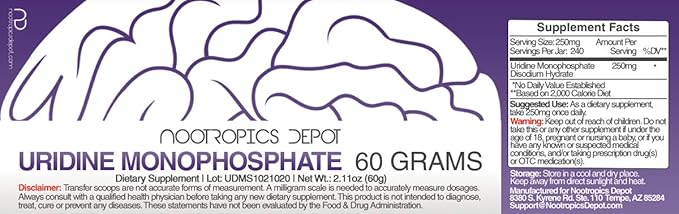 Nootropics Depot Uridine Monophosphate Powder | 60 Grams | Disodium Salt | Supports Healthy Cognitive Function + Enhances Memory* | Supports Healthy Mitochondrial Function*