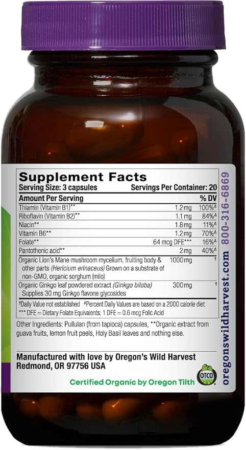 Oregon's Wild Harvest Lion's Mane Plus Brain &amp Memory Support with Vitamins &amp Ginkgo Organic 60 Count