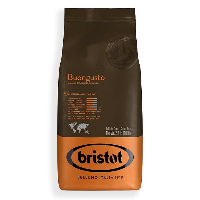 Bristot Buongusto Italian Espresso Coffee Beans – Whole Bean Medium Roast Low Acid – 2.2 lb (1kg) Bag – Smooth Bold Flavor for Espresso