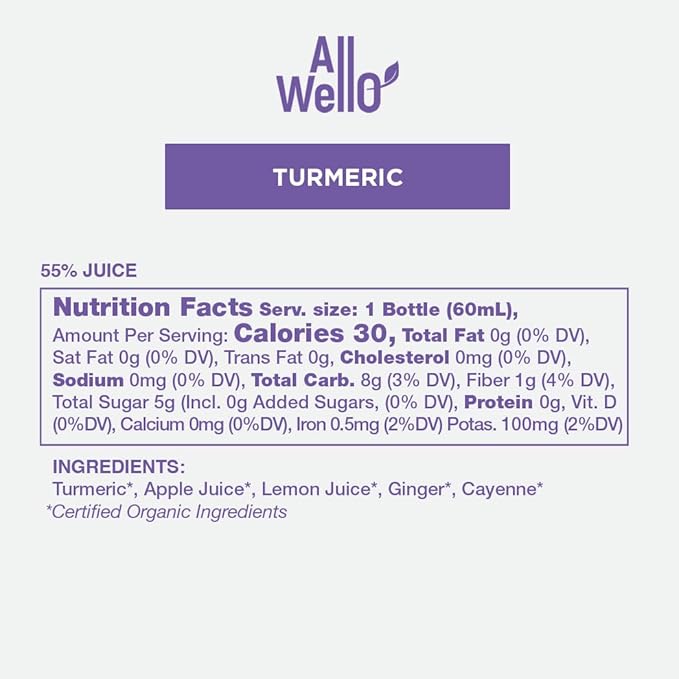 ALLWELLO Cold-Pressed Turmeric Shot 60 mL USDA Organic Immune Booster with Natu-RAL (12 PK Turmeric)