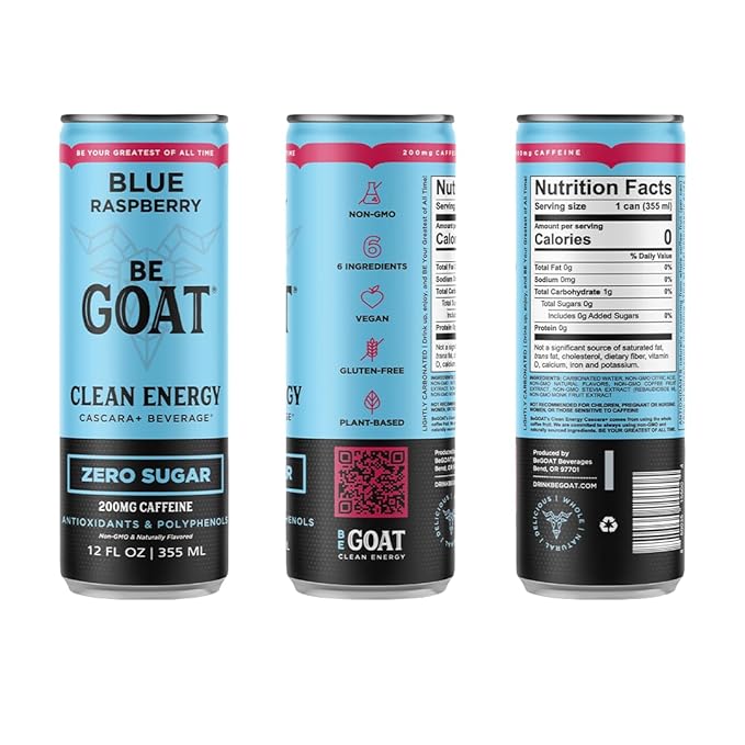 BeGOAT Clean Energy | Blue Raspberry Zero Sugar | 6 Ingredients Plant-Based Zero Sugar Non-GMO Vegan | 200mg Natural Caffeine | 12 fl oz Cans (Pack of 12)
