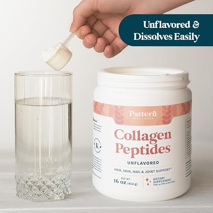 Pattern Wellness Collagen Peptides Powder (Type I &amp III) - Hair Nails Skin &amp Joint Support - Grass Fed &amp Pasture-Raised - Hydrolyzed Non-GMO Dairy Free &amp Keto-Friendly - Unflavore