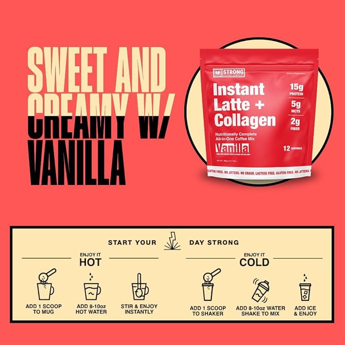 Strong Coffee Co. Vanilla Instant Latte | Organic Coffee with 15g Collagen Protein | Lion’s Mane &amp L-Theanine | Nootropic Instant Coffee | 12 Serving