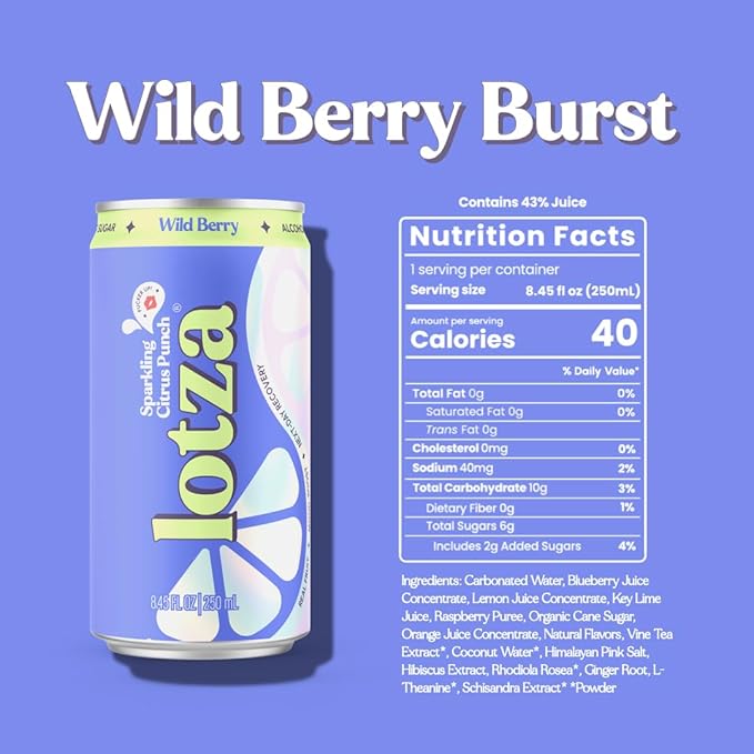 Lotza Sparkling Non-Alcoholic Adaptogen Drink with Electrolytes | Non-Alcoholic Mocktail &amp Drink Mixer| Antioxidants &amp Real Fruit (Pack of 12) Wild Berry