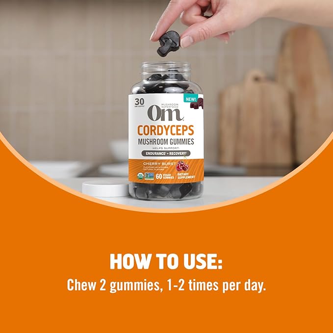OM MUSHROOM SUPERFOOD Cordyceps Gummies – USA Grown Organic Mushrooms – Supports Endurance Energy &amp Recovery – Cherry Burst Flavour – 30 Servings 60 Count.