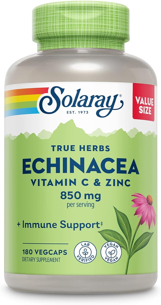 SOLARAY Echinacea with Vitamin C &amp Zinc – Immune Support Supplement – Echinacea Capsules with Vitamin C 500 mg Plus Bioflavonoids Vegan 60-Day Guarantee 90 Servings 180 VegCaps