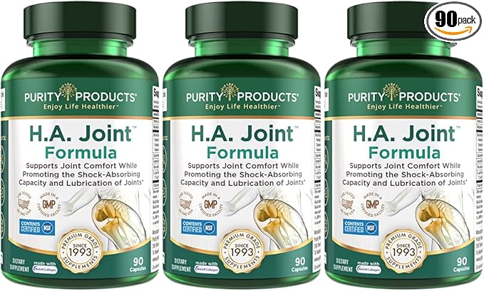 Purity Products HA Joint Formula Hyaluronic Acid + Key CoFactors - Joint + Skin Multi Collagen (Type I II &amp III) - 5-Loxin - Olive Fruit Extract - Joint Flexibility + Mobility - 90 Capsules (3)