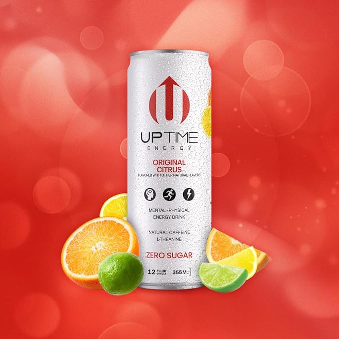 UPTIME Energy Drink Original Citrus Sparkling 12 Pack Vitamin C L Theanine Calcium Sugar Free Energy Drinks for Focus Support 142mg of Natural Caffeine 5 Calories Clean Natural 12 fl oz Can