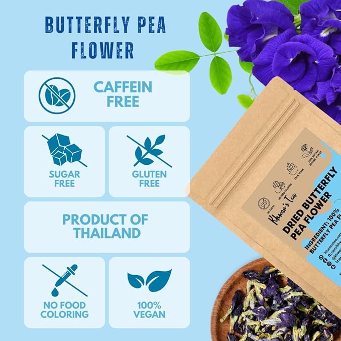 KHWAN'S TEA Dried Butterfly Pea Flowers Blue Tea Clitoria Ternatea Flower Herbal Tea Caffeine Free Vegan Plant Based 3.53 oz (100g)