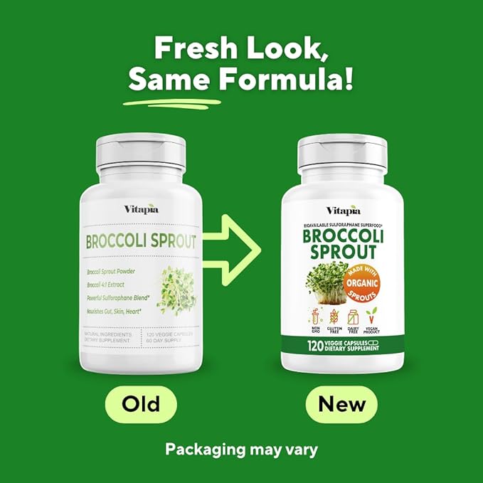 Vitapia Organic Broccoli Sprout &amp Broccoli Extract for Sulforaphane Antioxidant Brain Skin Heart Health Support - 120 Veggie Capsules - Non-GMO Gluten-Free Vegan-Friendly Supplement