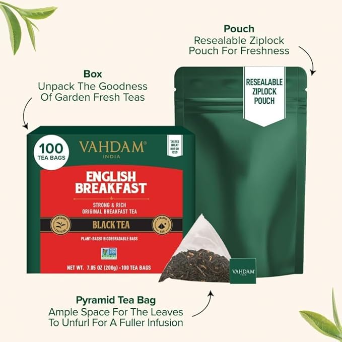 VAHDAM English Breakfast Black Tea Bags (100 Count) High Caffeine | Strong Robust &amp Flavoury | Pyramid Tea Bags | Full Bodied Black Tea Leaves