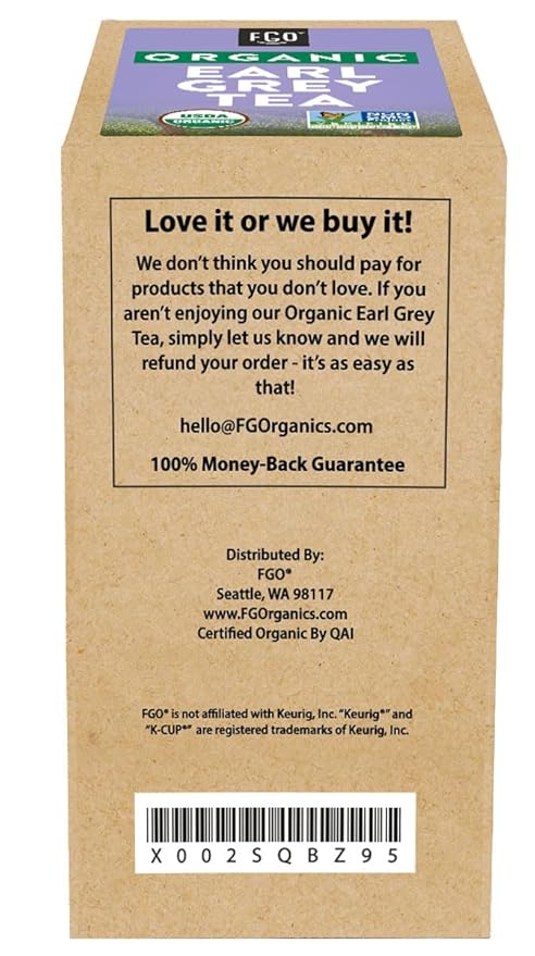 FGO Organic Earl Grey Tea K-Cup Pods for Keurig 24 Count (Pack of 1) Premium Black Tea is USDA Organic Non-GMO &amp Recyclable with Naturally Occurring Caffeine