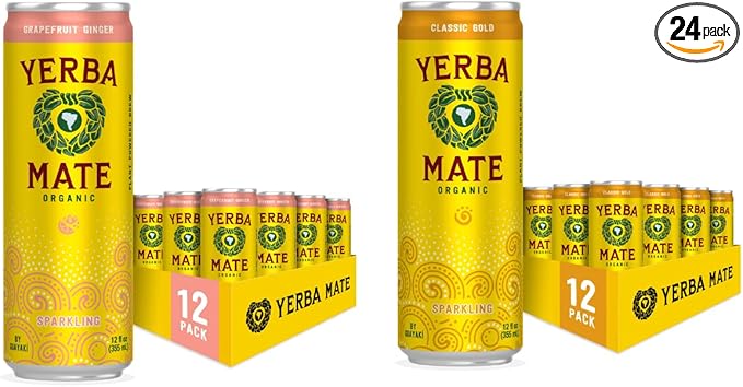Yerba Madre Organic Yerba Mate Clean Energy Drink Alternative Bundle Grapefruit Ginger &amp Classic Gold Flavors 12 Oz (Pack of 24) 80mg Natural Caffeine Smooth Energy &amp Focus