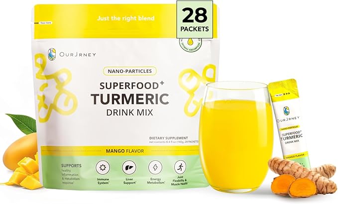 Nano Turmeric Curcumin Drink Powder Supplements–Mango Flavor Daily Morning Routine Immunity Wellness Shot Gut Health &amp Joint Support - No Added Sugar Vegan Gluten-Free Non-GMO28 Sachets