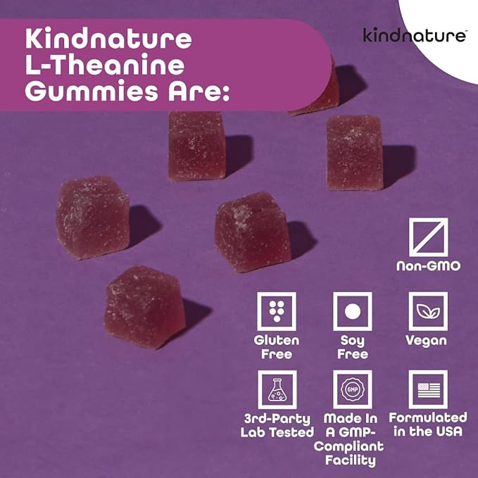 kindnature L-Theanine Gummies 200mg – Vegan Calm &amp Focus Supplement for Adults &amp Kids Ages 4+ – Mixed Berry Chewable Low Sugar Non-Drowsy*