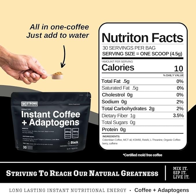 Strong Coffee Co. Instant Black Coffee | Premium Organic Coffee with Nootropics &amp Adaptogens NeuroFactor® L-Theanine Ashwagandha Reishi &amp MCT Oil | No Jitters No Crash (1 30 Servings)
