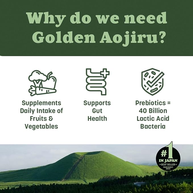 Golden Aojiru Green Superfood Powder – Japanese Barley Grass Juice with 25+ Vegetables Prebiotic &amp Enzymes – Gluten Free Green Juice – 46pcs