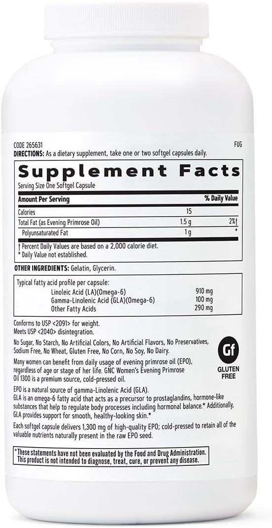 GNC Women's Evening Primrose Oil (EPO) 1300 mg | Supports Hormonal Balance Immunity Healthy Skin and Heart Health | Daily Vitamin | 180 Softgel Capsules