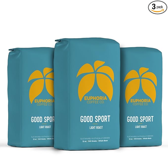EUPHORIA COFFEE CO. Good Sport Whole Bean Coffee - Light Roast | 12oz Bag (3 Pack)