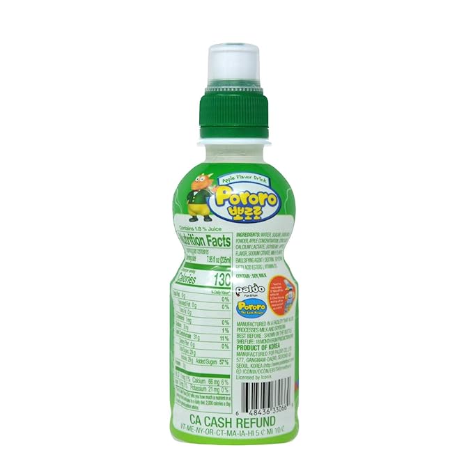 Paldo Fun &amp Yum Pororo Kids Apple Flavor Drink Pack of 8 Fruit Juice Drinks with Comfortable Push-Pull Sports Cap Perfect Drink for Children 7.95 fl oz. x 8