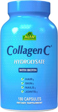 ALFA VITAMINS CollagenC Collagen Hydrolysate Capsules with Biotin - Anti-Aging Nutritional Supplement for Skin Nails &amp Hair Rejuvenation - Supports Bone &amp Muscle - Made in USA - 180 Capsules