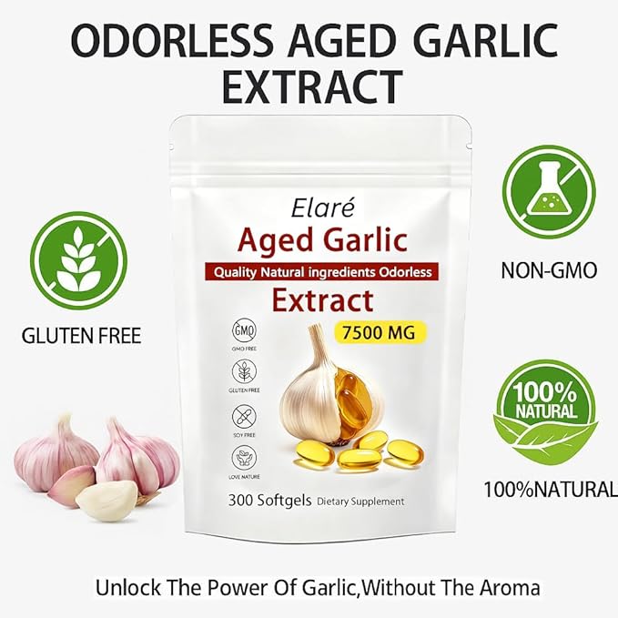 Elare Aged Garlic Extract - 7500mg Odorless Organic Garlic Extract Capsules | Heart &amp Immune Antioxidant Supplements Vegetarian All-Natural Non-GMO 300 Softgels