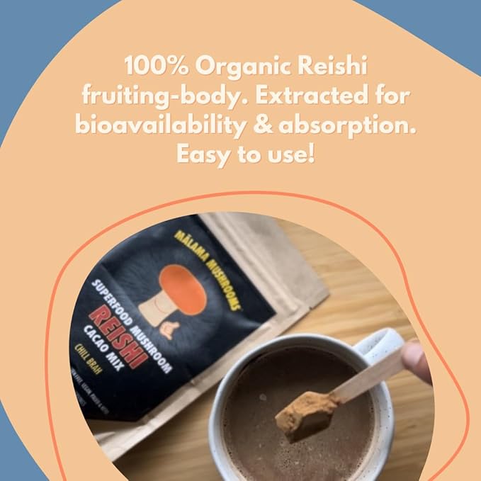 Malama Organic Mushroom Hot Cacao Mix Reishi Mushroom Powder with Fair Trade Cacao for Immune Support &amp Relaxation – Vegan Supplement &amp Superfood Non GMO 3.5 oz (50 Servings)