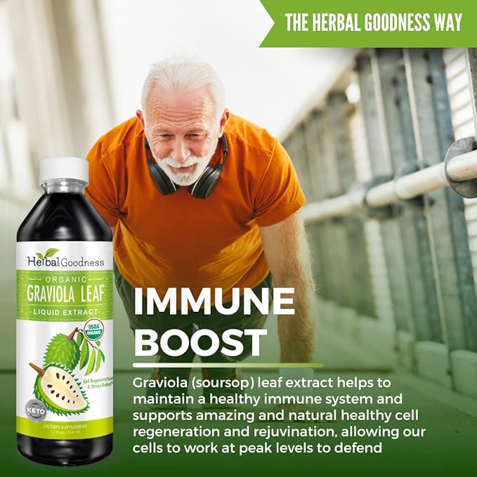 Herbal Goodness Graviola Leaf Extract 15X Strength - Soursop (Guanabana) Leaves Liquid USDA Organic Non-GMO Kosher Cell Support &amp Regeneration &amp Stress Relief Immune Boost 12(12oz) btls