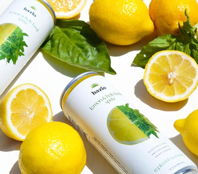 Hazlo Spritz (Lemon &amp Holy Basil) - Zero Proof Spritz Cocktail Mixer Craft Mocktails with Adaptogens Nootropics - Functional Seltzer Calming Non Alcoholic Drinks Alcohol Alternatives for Mood
