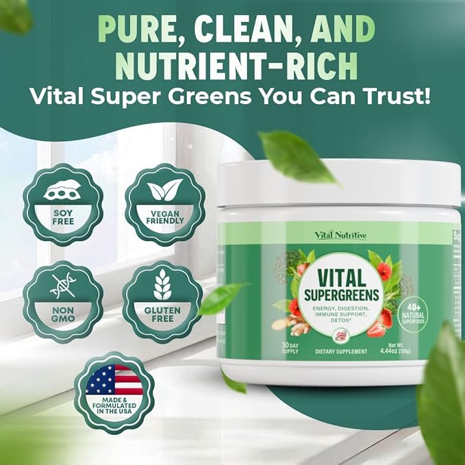 Vital Greens Superfood Powder – New Formula with 40+ Superfoods Daily Green Drink Powder w/Probiotics – Supergreens for Energy Gut Health Digestion Support Plant-Based Vegan Superfoods