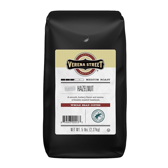 Verena Street 5 Pound Flavored Whole Bean Coffee Hazelnut Medium Roast Rainforest Alliance Certified Arabica Coffee