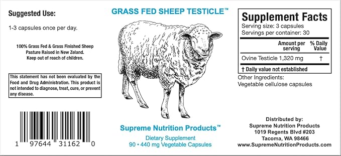 Supreme Nutrition Sheep Testicle - 100% Grass Fed and Finished in New Zealand 90 Capsules of Pure Ovine Testicle