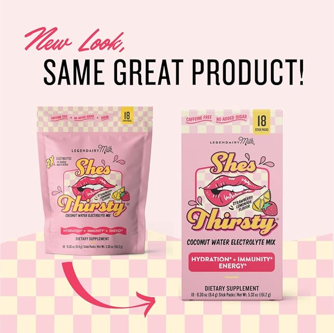 Legendairy Milk She’s Thirsty – Strawberry Lemonade No Sugar Added Electrolytes Powder Packets–Coconut Water Mix for Women Instant Hydration Packets Immune Support Pregnancy Safe 18 Ct