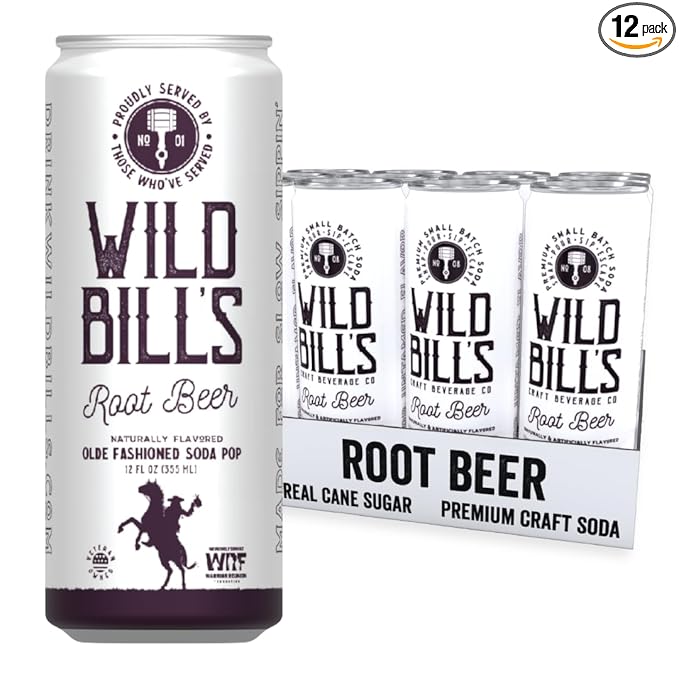 Wild Bill's Classic Root Beer Soda Classic Craft Soda Pop Soft Drinks Sodas Made with Pure Cane Sugar Caffeine Free NO High Fructose Corn Syrup Gluten Free Vegan Low Sodium 12 Oz 12 Pack
