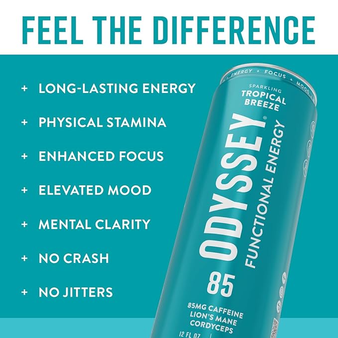 Odyssey Functional Energy Drink for Focus Cognition &amp Mood Support 12 Pack - Adaptogenic Drink with 85mg Green Tea Caffeine Lion’s Mane Cordyceps L-Theanine &amp Ginseng Sparkling Tropical