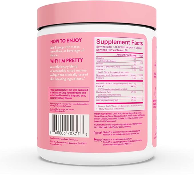 Love Sweat Fitness Marine Collagen Peptides for Women | Skin Hydration Hair &amp Joint Support | Collagen Powder Supplement | Natural Beauty Pink Dragonfruit | Non-GMO | 28 Servings