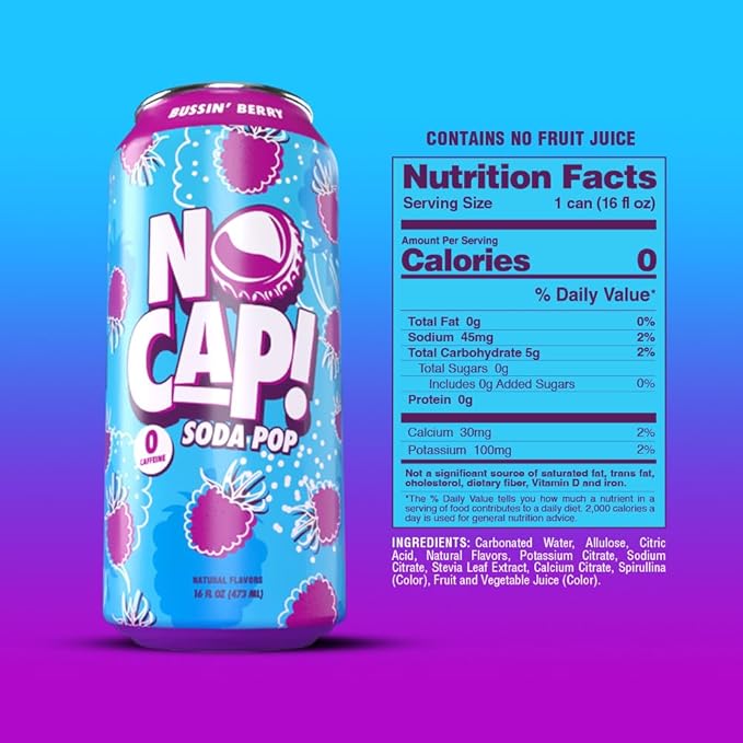 NO CAP! Next Gen Soda Pop with Zero Sugar Zero Calories and Electrolytes for Hydration Naturally Flavored Caffeine-Free Soda Vegan &amp Gluten-Free 16 oz Cans (Bussin Berry)